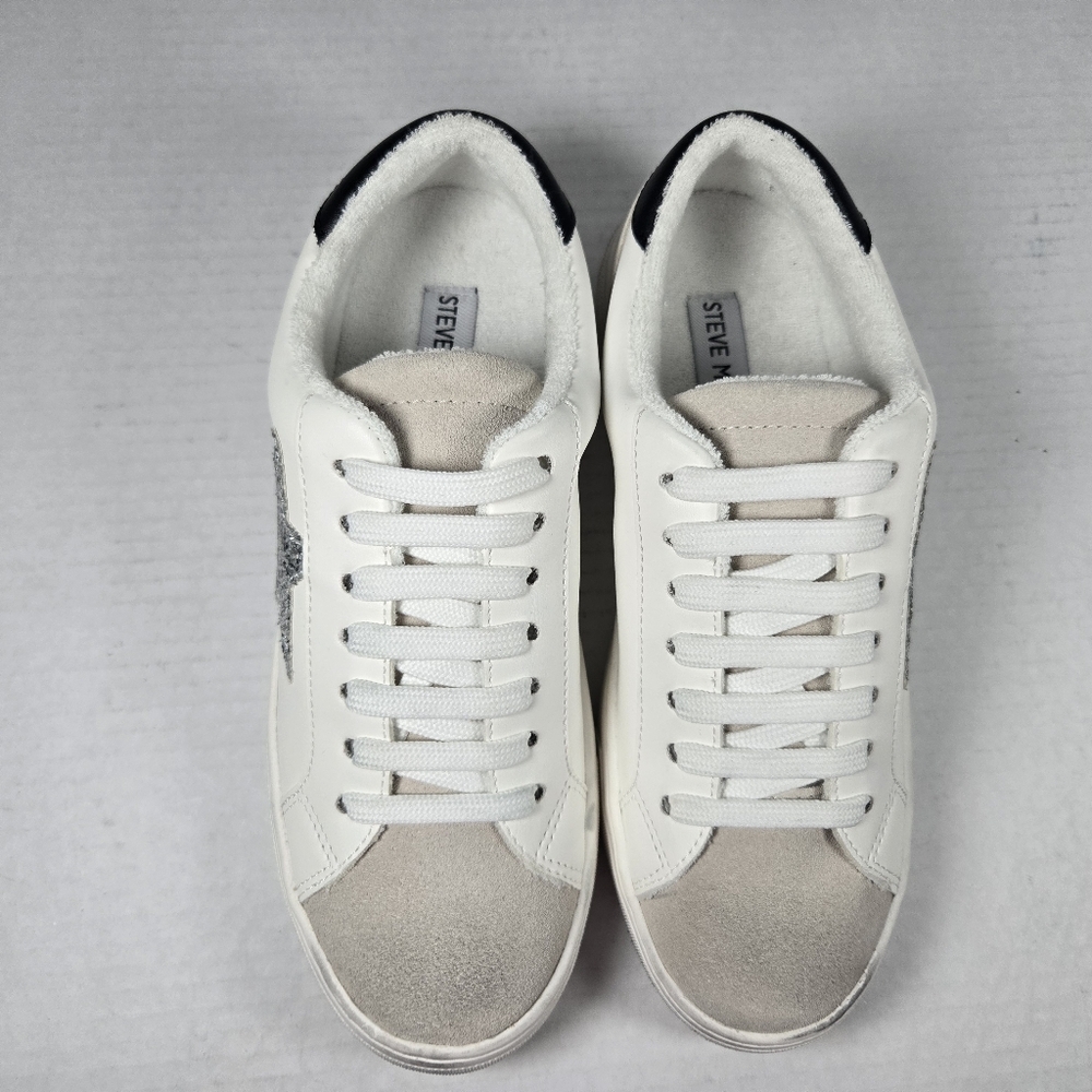 Steve Madden Rezume Silver Glitter Star Sneakers with Suede  Size Women's 7 - Picture 3 of 11